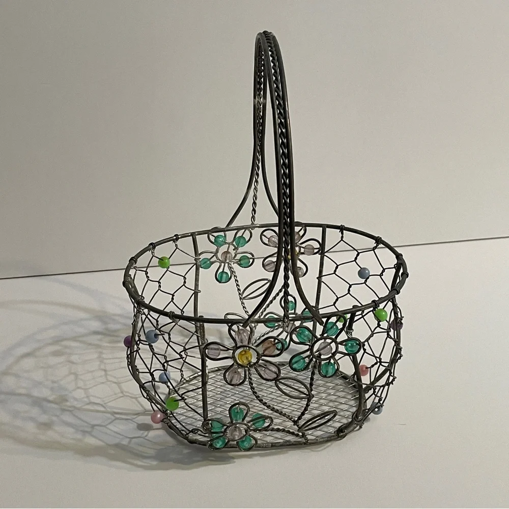 Vintage Metal Wire Basket, Pink & Green Beaded Daisies Flowers, silver tone